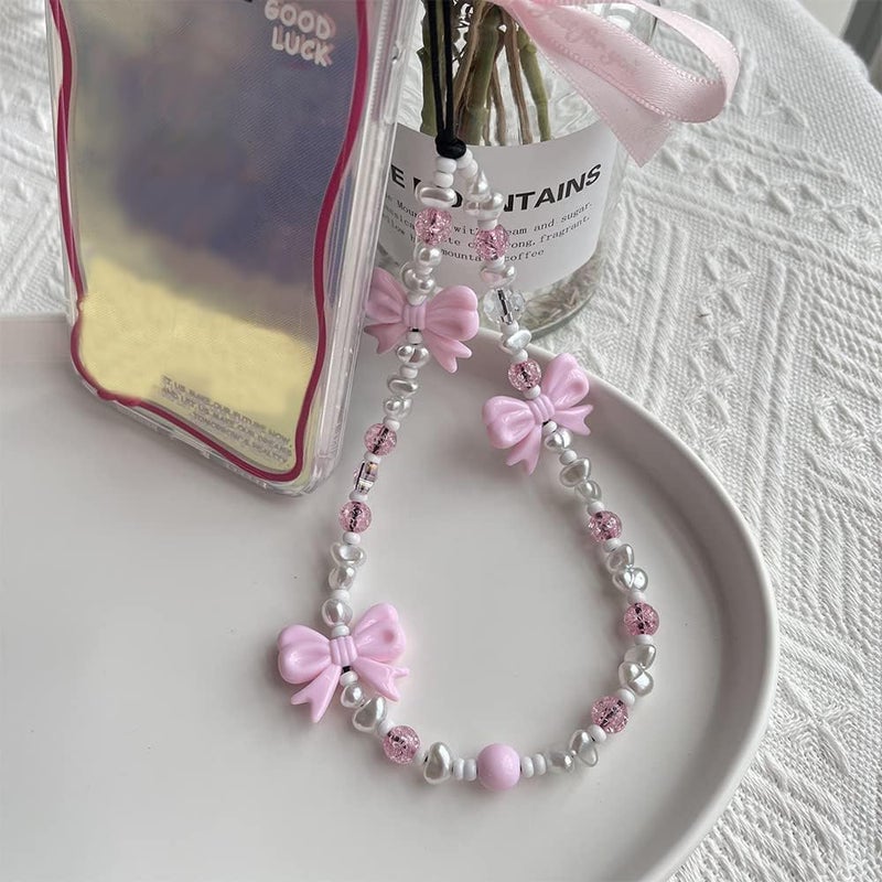 WCCH Beaded Phone Charm Y2K Kawaii Handmade Acrylic Phone Lanyard Wrist Strap for Camera Bag Airpods Keychain Charm Pink Bow and Small Pearls - Image 4